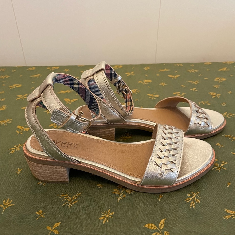 Sperry Metallic Silver Braided Strap Block Heel Sandals